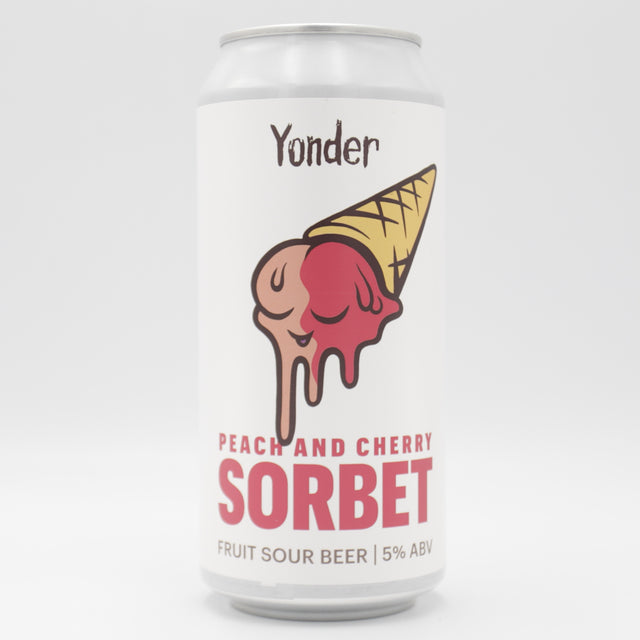 This is a can of Yonder - Peach & Cherry Sorbet - 5% (440ml). It is a Sour craft beer available to buy from Ghost Whale, voted London's best craft beer shop.