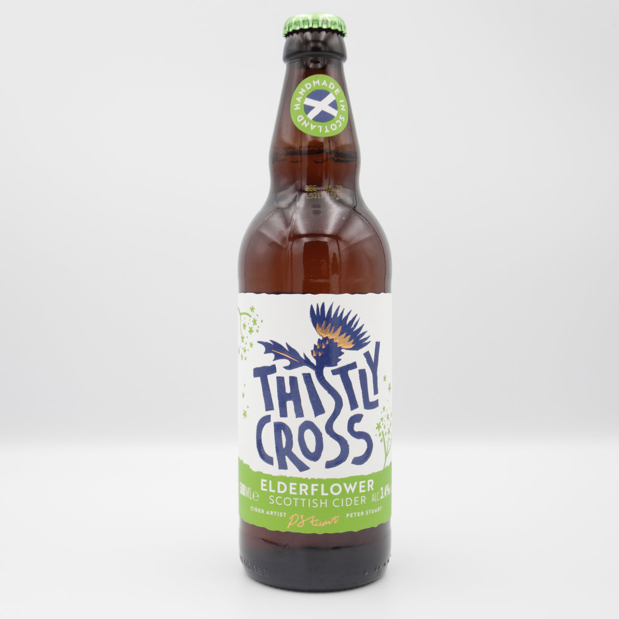 This is a bottle of Thistly Cross - Elderflower Cider - 4% (500ml). It is a  craft cider available to buy from Ghost Whale, voted London's best craft beer shop.