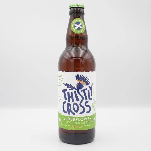 This is a bottle of Thistly Cross - Elderflower Cider - 4% (500ml). It is a  craft cider available to buy from Ghost Whale, voted London's best craft beer shop.