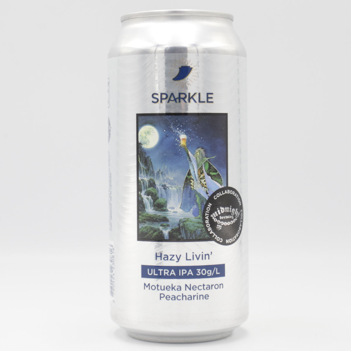 This is a can of Sparkle / Midnight Brewing - Hazy Livin' - 8% (440ml). It is a Double IPA craft beer available to buy from Ghost Whale, voted London's best craft beer shop.