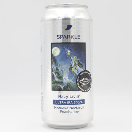 This is a can of Sparkle / Midnight Brewing - Hazy Livin' - 8% (440ml). It is a Double IPA craft beer available to buy from Ghost Whale, voted London's best craft beer shop.
