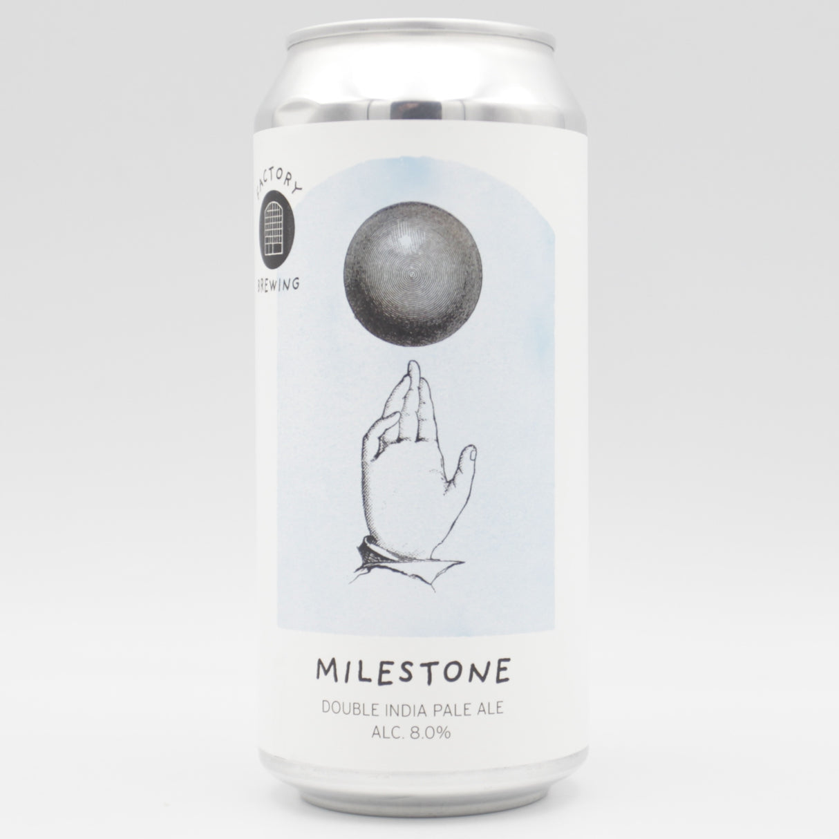 This is a can of Factory Brewing / Two Flints - Milestone - 8% (440ml). It is a Double IPA craft beer available to buy from Ghost Whale, voted London's best craft beer shop.