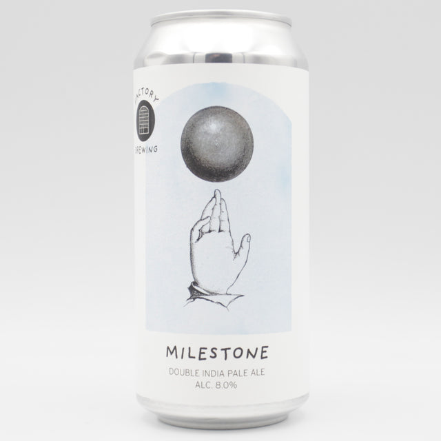 This is a can of Factory Brewing / Two Flints - Milestone - 8% (440ml). It is a Double IPA craft beer available to buy from Ghost Whale, voted London's best craft beer shop.