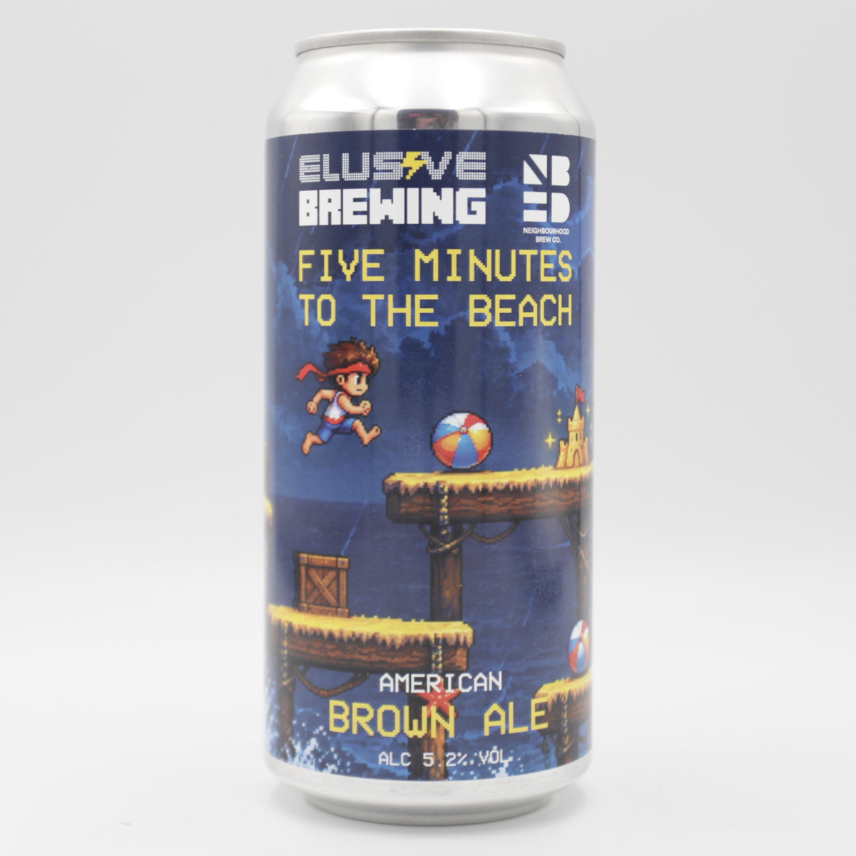 This is a can of Elusive Brewing - Five Minutes To The Beach - 5.2% (440ml). It is a Brown Ale craft beer available to buy from Ghost Whale, voted London's best craft beer shop.