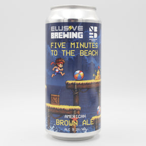 This is a can of Elusive Brewing - Five Minutes To The Beach - 5.2% (440ml). It is a Brown Ale craft beer available to buy from Ghost Whale, voted London's best craft beer shop.