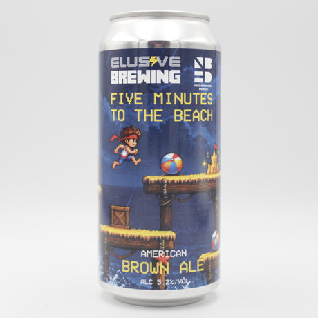 This is a can of Elusive Brewing - Five Minutes To The Beach - 5.2% (440ml). It is a Brown Ale craft beer available to buy from Ghost Whale, voted London's best craft beer shop.