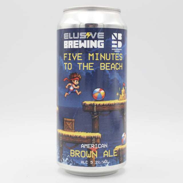 This is a can of Elusive Brewing - Five Minutes To The Beach - 5.2% (440ml). It is a Brown Ale craft beer available to buy from Ghost Whale, voted London's best craft beer shop.