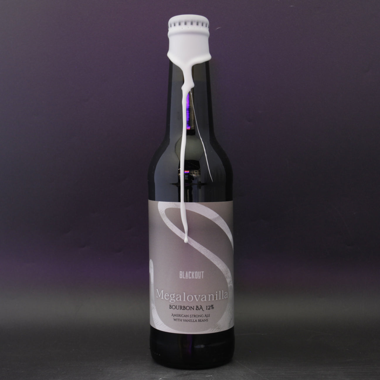 This is a bottle of Blackout - Megalovanilla - 12% (330ml). It is a Imperial Stout / Porter craft beer available to buy from Ghost Whale, voted London's best craft beer shop.