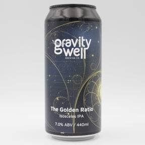 This is a can of Gravity Well - The Golden Ratio - 7% (440ml). It is a IPA craft beer available to buy from Ghost Whale, voted London's best craft beer shop.