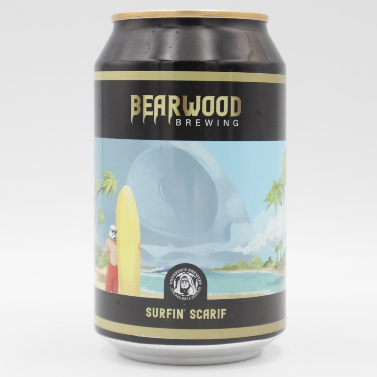 This is a can of Bearwood / Emperor's - Surfin' Scarif - 13% (330ml). It is a Imperial Stout / Porter craft beer available to buy from Ghost Whale, voted London's best craft beer shop.