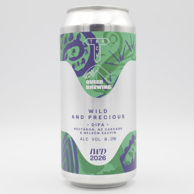 This is a can of Track / Queer Brewing - Wild And Precious - 8% (440ml). It is a Double IPA craft beer available to buy from Ghost Whale, voted London's best craft beer shop.