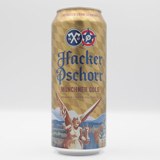 This is a can of Hacker Pschorr - Munchener Gold - 5.5% (500ml). It is a Lager / Pilsner / Kölsch craft beer available to buy from Ghost Whale, voted London's best craft beer shop.