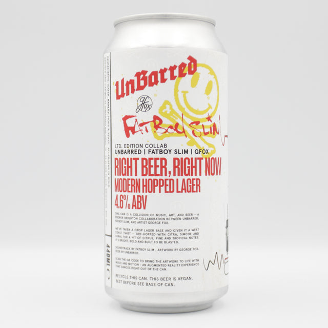 This is a can of UnBarred - Right Beer, Right Now - 4.6% (440ml). It is a Lager / Pilsner / Kölsch craft beer available to buy from Ghost Whale, voted London's best craft beer shop.