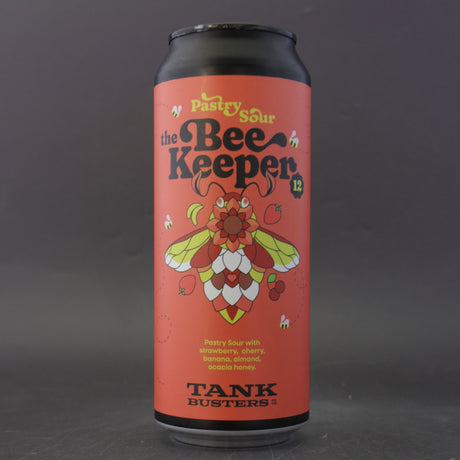 This is a can of Tank Busters - Beekeeper vol.12: Strawberry, Cherry, Banana, Almond - 5% (500ml). It is a Sour craft beer available to buy from Ghost Whale, voted London's best craft beer shop.