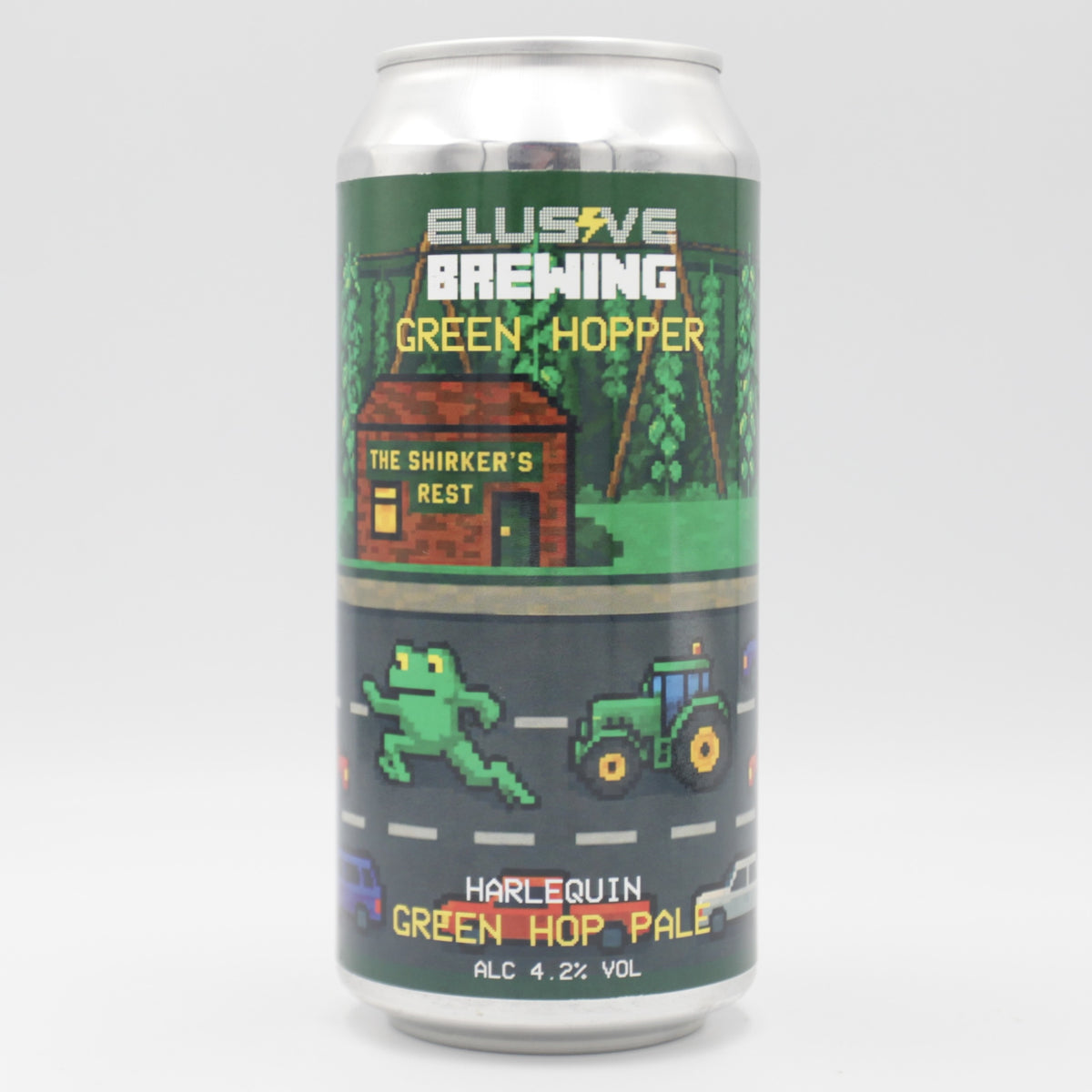 This is a can of Elusive Brewing - Green Hopper - 4.2% (440ml). It is a Pale Ale craft beer available to buy from Ghost Whale, voted London's best craft beer shop.