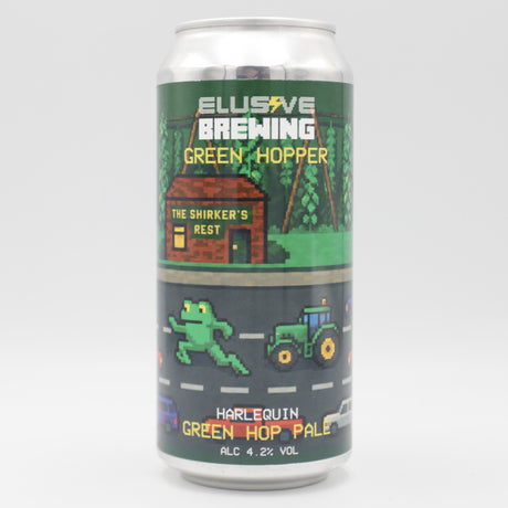 This is a can of Elusive Brewing - Green Hopper - 4.2% (440ml). It is a Pale Ale craft beer available to buy from Ghost Whale, voted London's best craft beer shop.