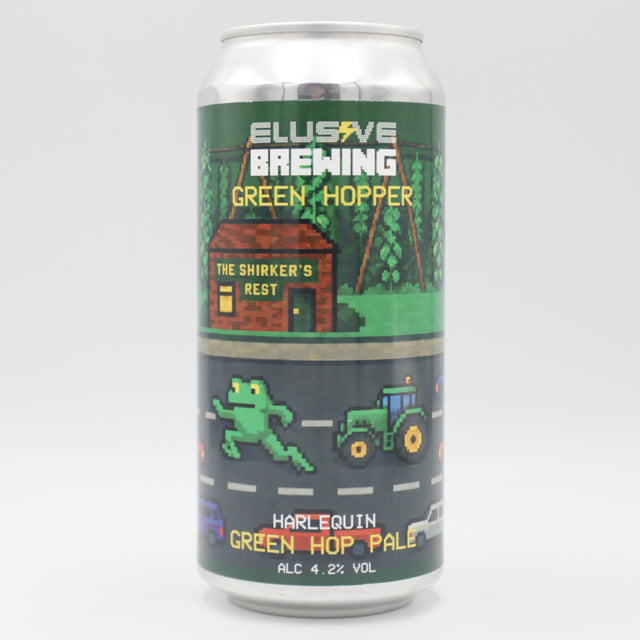 This is a can of Elusive Brewing - Green Hopper - 4.2% (440ml). It is a Pale Ale craft beer available to buy from Ghost Whale, voted London's best craft beer shop.