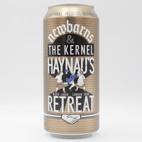 This is a can of Newbarns / The Kernel - Haynau's Retreat - 5% (440ml). It is a  craft beer available to buy from Ghost Whale, voted London's best craft beer shop.