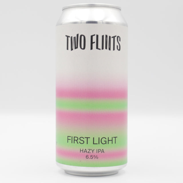 This is a can of Two Flints - First Light - 6.5% (440ml). It is a IPA craft beer available to buy from Ghost Whale, voted London's best craft beer shop.