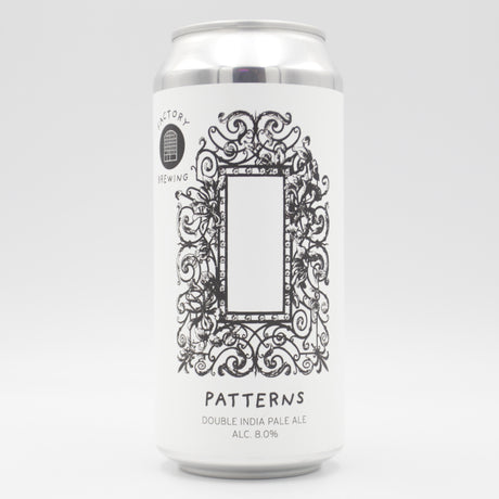 This is a can of Factory Brewing - Patterns - 8% (440ml). It is a Double IPA craft beer available to buy from Ghost Whale, voted London's best craft beer shop.