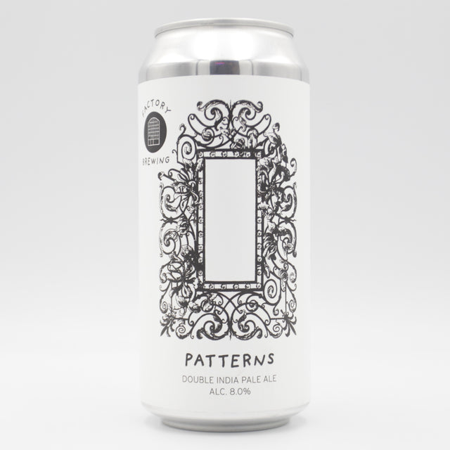 This is a can of Factory Brewing - Patterns - 8% (440ml). It is a Double IPA craft beer available to buy from Ghost Whale, voted London's best craft beer shop.