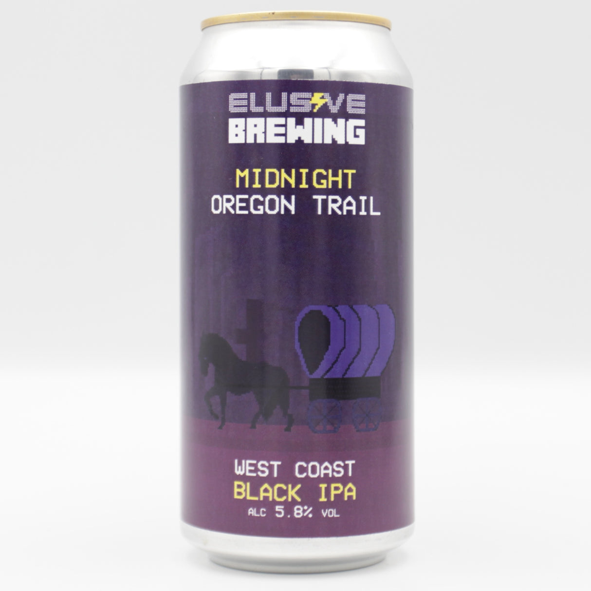 This is a can of Elusive Brewing - Midnight Oregon Trail - 5.8% (440ml). It is a IPA craft beer available to buy from Ghost Whale, voted London's best craft beer shop.