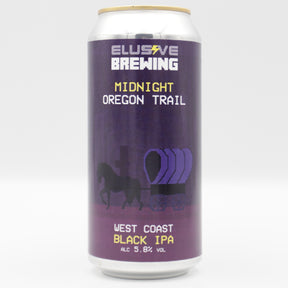 This is a can of Elusive Brewing - Midnight Oregon Trail - 5.8% (440ml). It is a IPA craft beer available to buy from Ghost Whale, voted London's best craft beer shop.
