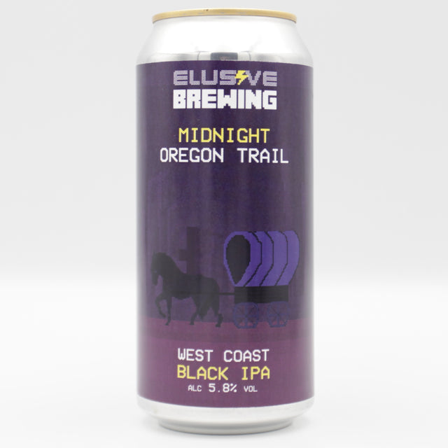 This is a can of Elusive Brewing - Midnight Oregon Trail - 5.8% (440ml). It is a IPA craft beer available to buy from Ghost Whale, voted London's best craft beer shop.