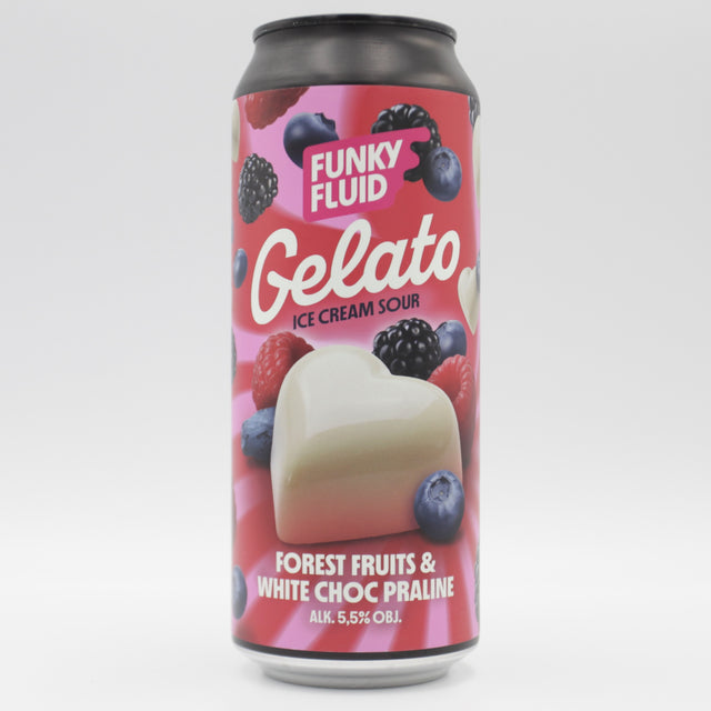This is a can of Funky Fluid - Gelato: Forest Fruits & White Choc Praline - 5.5% (500ml). It is a Sour craft beer available to buy from Ghost Whale, voted London's best craft beer shop.