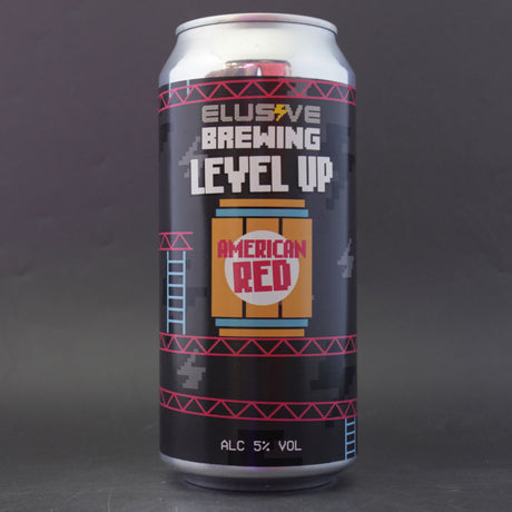 This is a can of Elusive Brewing - Level Up - 5% (440ml). It is a Red / Amber Ale craft beer available to buy from Ghost Whale, voted London's best craft beer shop.
