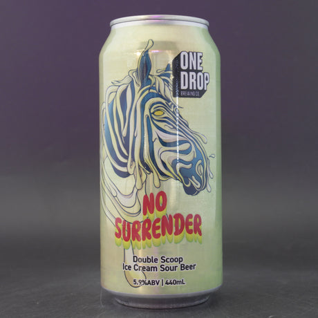 This is a can of One Drop - No Surrender - 5.9% (440ml). It is a Sour craft beer available to buy from Ghost Whale, voted London's best craft beer shop.