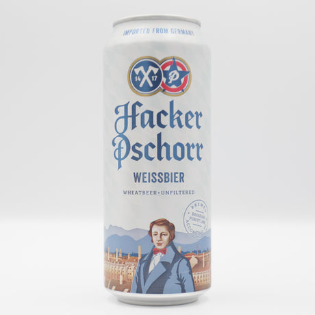 This is a can of Hacker Pschorr - Weissbier - 5.5% (500ml). It is a Wit / Wheat craft beer available to buy from Ghost Whale, voted London's best craft beer shop.