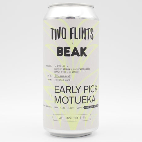 This is a can of Two Flints - Early Pick Motueka - 7% (440ml). It is a IPA craft beer available to buy from Ghost Whale, voted London's best craft beer shop.