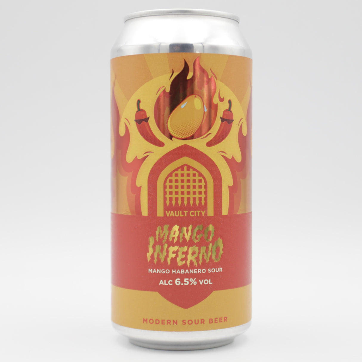 This is a can of Vault City - Mango Inferno - 6.5% (440ml). It is a Sour craft beer available to buy from Ghost Whale, voted London's best craft beer shop.