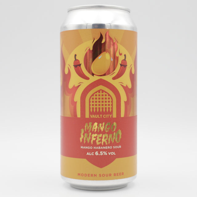 This is a can of Vault City - Mango Inferno - 6.5% (440ml). It is a Sour craft beer available to buy from Ghost Whale, voted London's best craft beer shop.