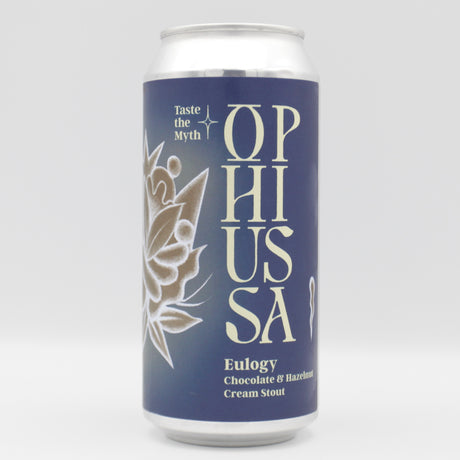 This is a can of Ophiussa - Eulogy - 8% (440ml). It is a Imperial Stout / Porter craft beer available to buy from Ghost Whale, voted London's best craft beer shop.