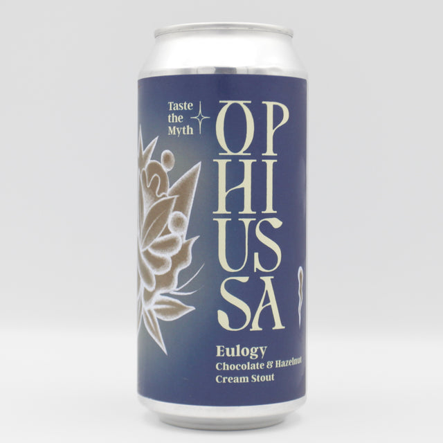 This is a can of Ophiussa - Eulogy - 8% (440ml). It is a Imperial Stout / Porter craft beer available to buy from Ghost Whale, voted London's best craft beer shop.