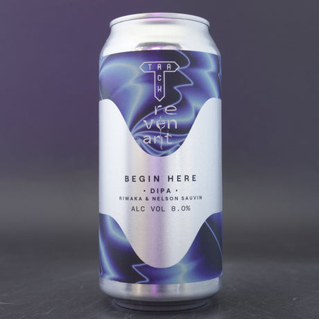 This is a can of Track / Revenant - Begin Here - 8% (440ml). It is a Double IPA craft beer available to buy from Ghost Whale, voted London's best craft beer shop.