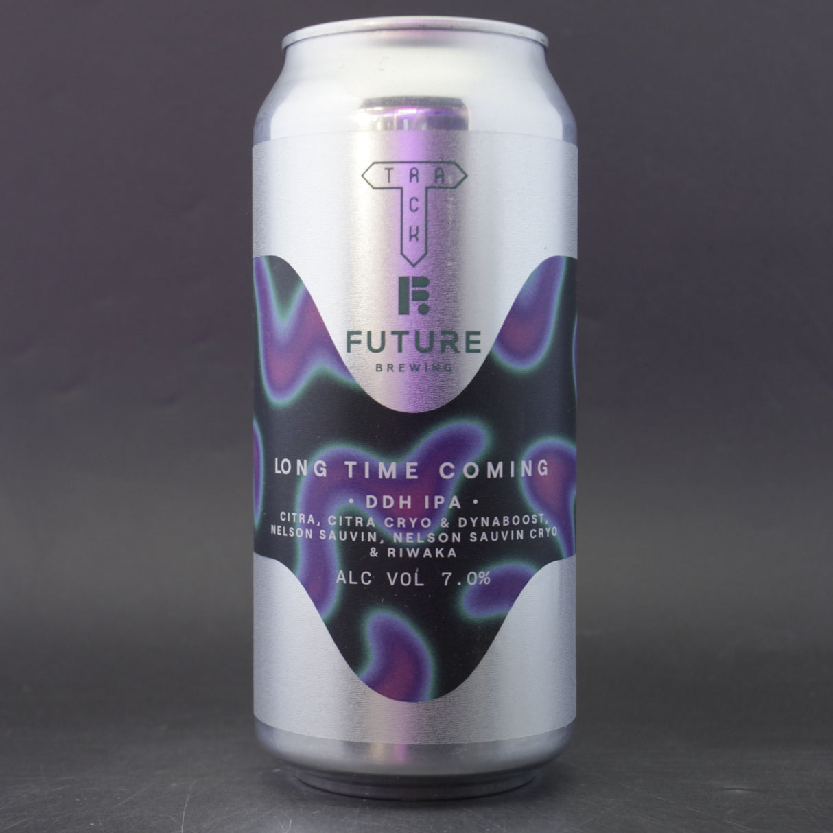 This is a can of Track / Future Brewing - Long Time Coming - 7% (440ml). It is a IPA craft beer available to buy from Ghost Whale, voted London's best craft beer shop.