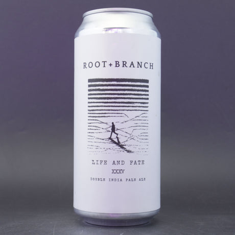 This is a can of Root + Branch - Life And Fate XXXV - 8% (473ml). It is a Double IPA craft beer available to buy from Ghost Whale, voted London's best craft beer shop.