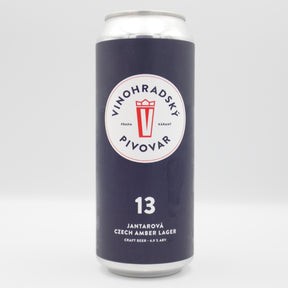 This is a can of Vinohradsky Pivovar - Jantarová 13 - 4.9% (500ml). It is a Lager / Pilsner / Kölsch craft beer available to buy from Ghost Whale, voted London's best craft beer shop.