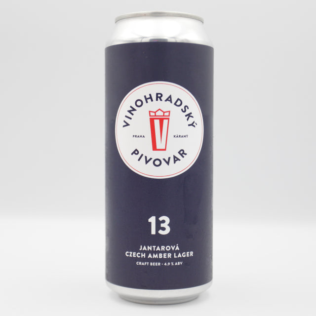 This is a can of Vinohradsky Pivovar - Jantarová 13 - 4.9% (500ml). It is a Lager / Pilsner / Kölsch craft beer available to buy from Ghost Whale, voted London's best craft beer shop.