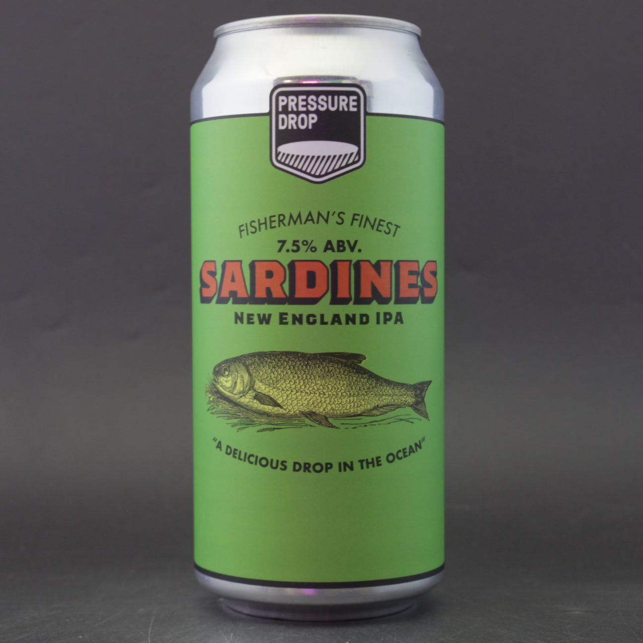 This is a can of Pressure Drop - Sardines - 7.5% (440ml). It is a IPA craft beer available to buy from Ghost Whale, voted London's best craft beer shop.