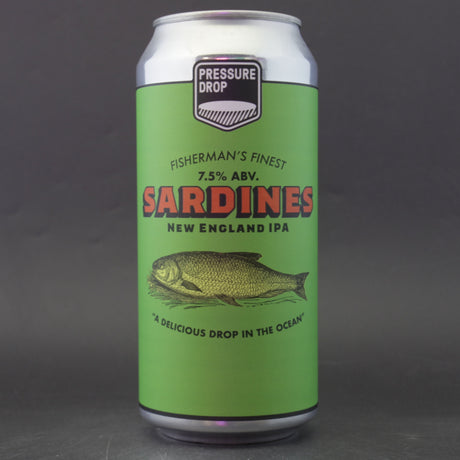 This is a can of Pressure Drop - Sardines - 7.5% (440ml). It is a IPA craft beer available to buy from Ghost Whale, voted London's best craft beer shop.