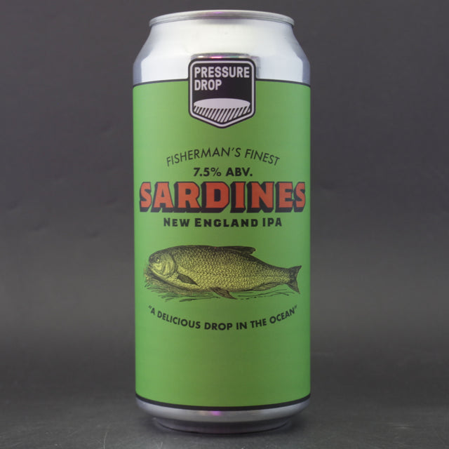 This is a can of Pressure Drop - Sardines - 7.5% (440ml). It is a IPA craft beer available to buy from Ghost Whale, voted London's best craft beer shop.