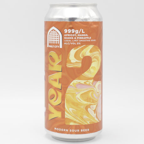 This is a can of Vault City - Year 2: 999g/L Apricot, Mango, Guava & Pineapple - 5% (440ml). It is a Sour craft beer available to buy from Ghost Whale, voted London's best craft beer shop.