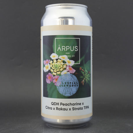 This is a can of Arpus Brewing Co / Celestial - QDH Peacharine X Citra X Rakau X Strata TIPA - 10% (440ml). It is a Triple IPA craft beer available to buy from Ghost Whale, voted London's best craft beer shop.