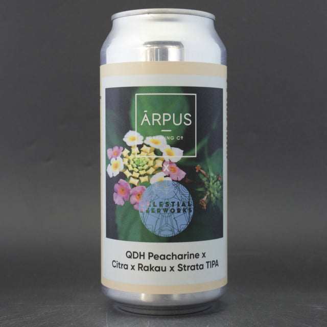 This is a can of Arpus Brewing Co / Celestial - QDH Peacharine X Citra X Rakau X Strata TIPA - 10% (440ml). It is a Triple IPA craft beer available to buy from Ghost Whale, voted London's best craft beer shop.