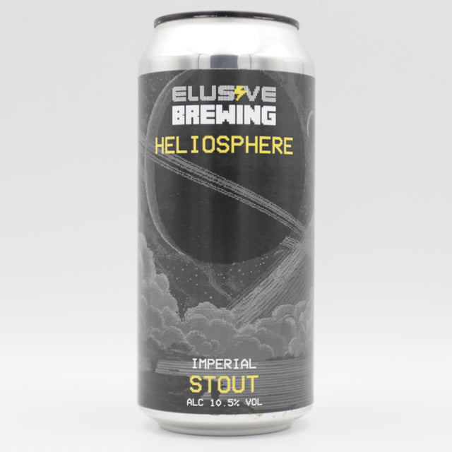 This is a can of Elusive Brewing - Heliosphere - 10.5% (440ml). It is a Imperial Stout / Porter craft beer available to buy from Ghost Whale, voted London's best craft beer shop.