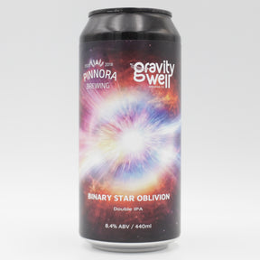 This is a can of Gravity Well - Binary Star Oblivion - 8.4% (440ml). It is a Double IPA craft beer available to buy from Ghost Whale, voted London's best craft beer shop.